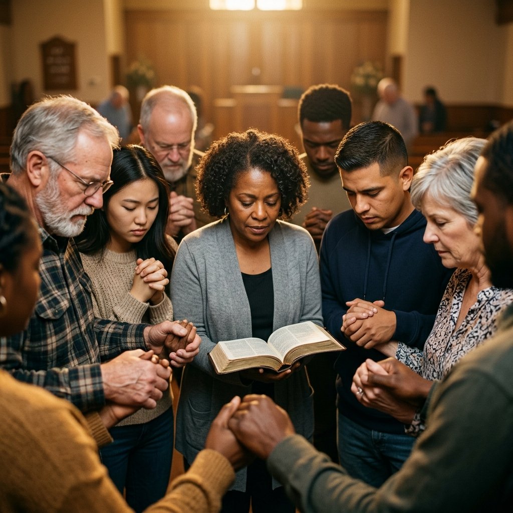Diverse group of people praying together